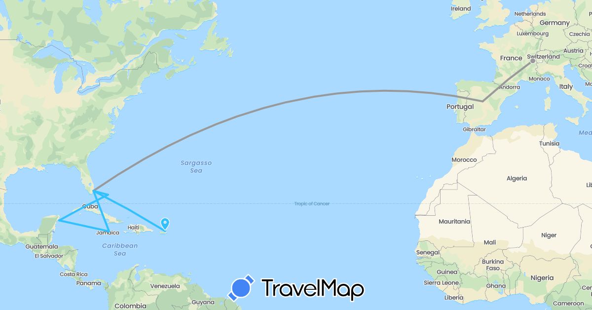 TravelMap itinerary: driving, plane, boat in Bahamas, Switzerland, Spain, Jamaica, Cayman Islands, Mexico, United States (Europe, North America)